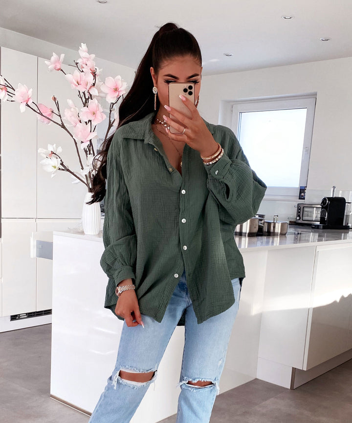 Oversized mousseline blouse Freya kaki kort