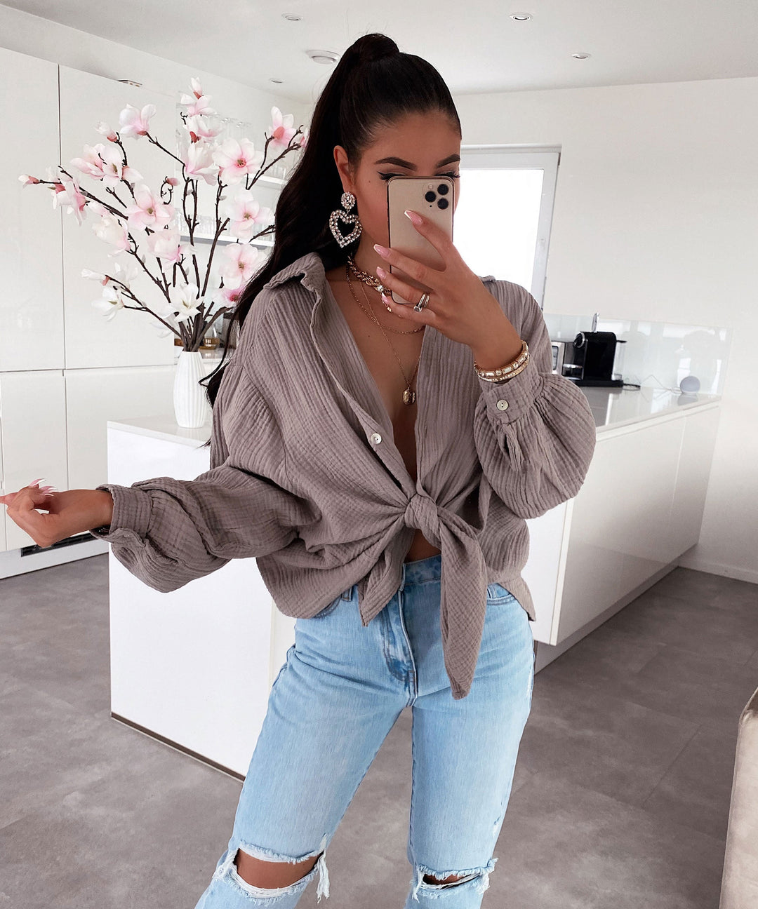 Oversized mousseline blouse Freya taupe kort