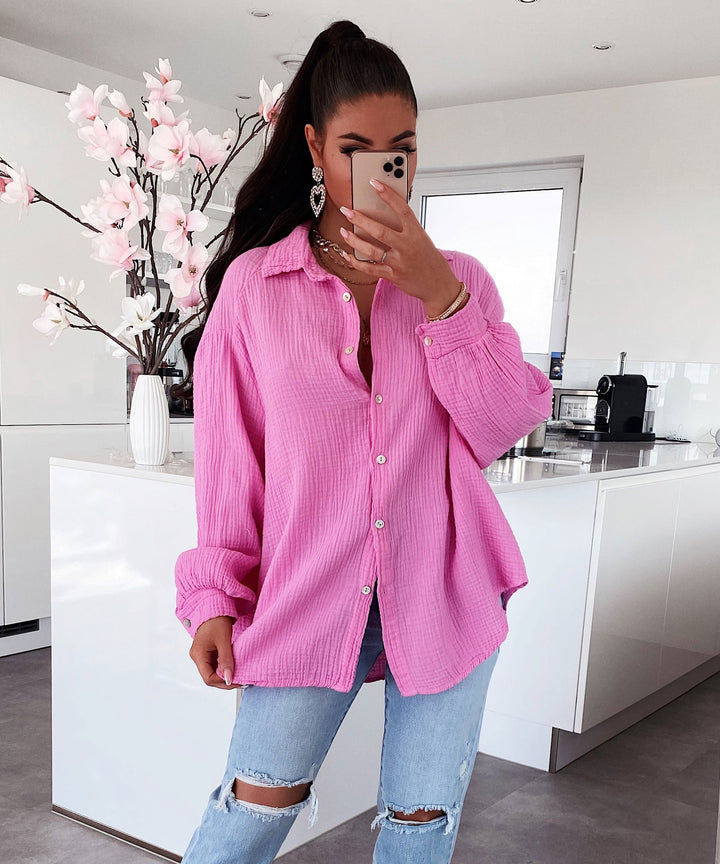 Oversized mousseline blouse Freya lichtroze kort