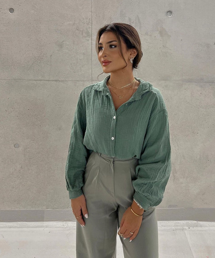 Oversized mousseline blouse Freya kaki kort